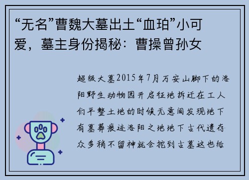 “无名”曹魏大墓出土“血珀”小可爱，墓主身份揭秘：曹操曾孙女