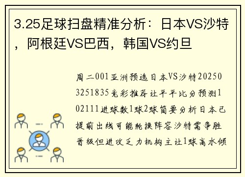 3.25足球扫盘精准分析：日本VS沙特，阿根廷VS巴西，韩国VS约旦