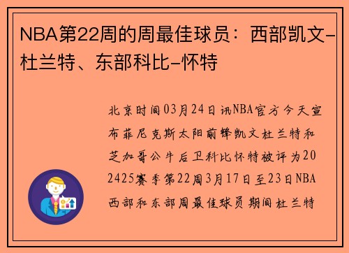 NBA第22周的周最佳球员：西部凯文-杜兰特、东部科比-怀特