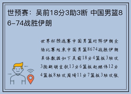 世预赛：吴前18分3助3断 中国男篮86-74战胜伊朗