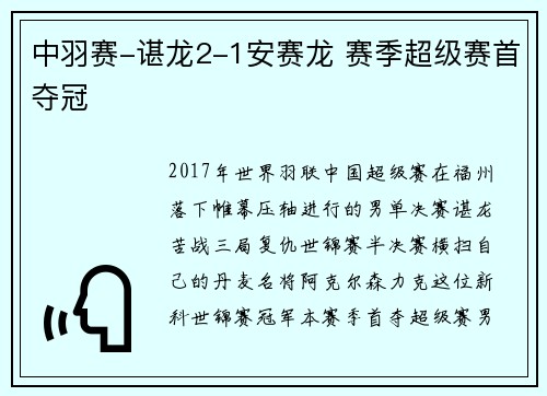 中羽赛-谌龙2-1安赛龙 赛季超级赛首夺冠