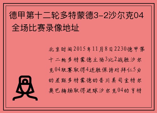 德甲第十二轮多特蒙德3-2沙尔克04  全场比赛录像地址
