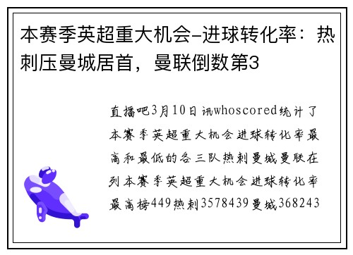 本赛季英超重大机会-进球转化率：热刺压曼城居首，曼联倒数第3