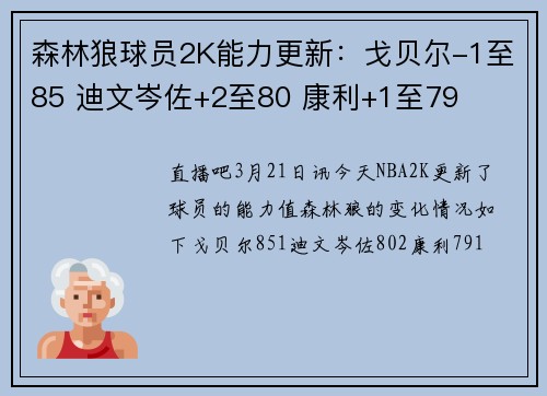 森林狼球员2K能力更新：戈贝尔-1至85 迪文岑佐+2至80 康利+1至79
